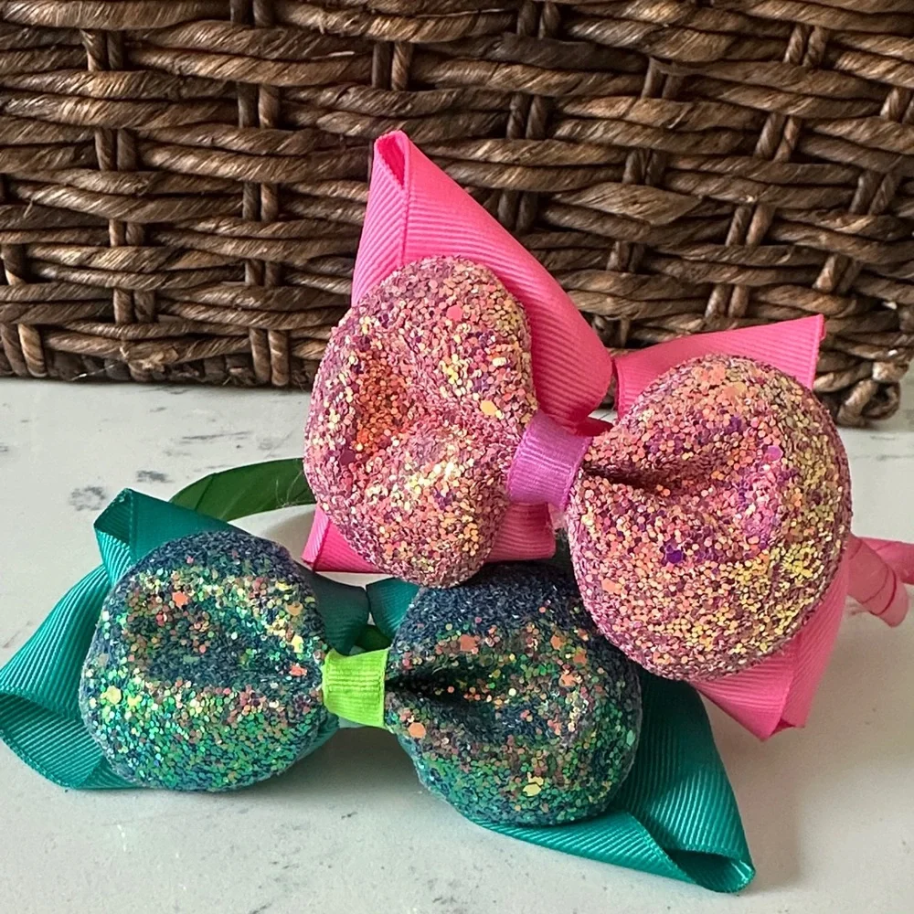 Glittery Pink and Green Bow Headbands